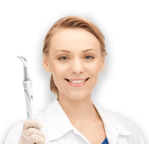 Woman holding a DentalVibe® painless injection instrument